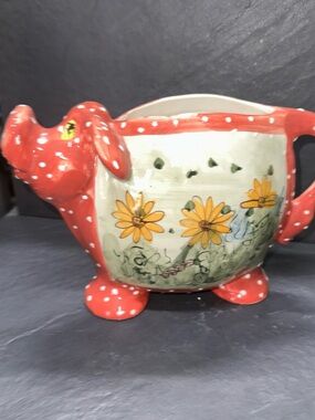 Hand-Painted Red Polka Dot pig watering can  with Yellow Flower Motif